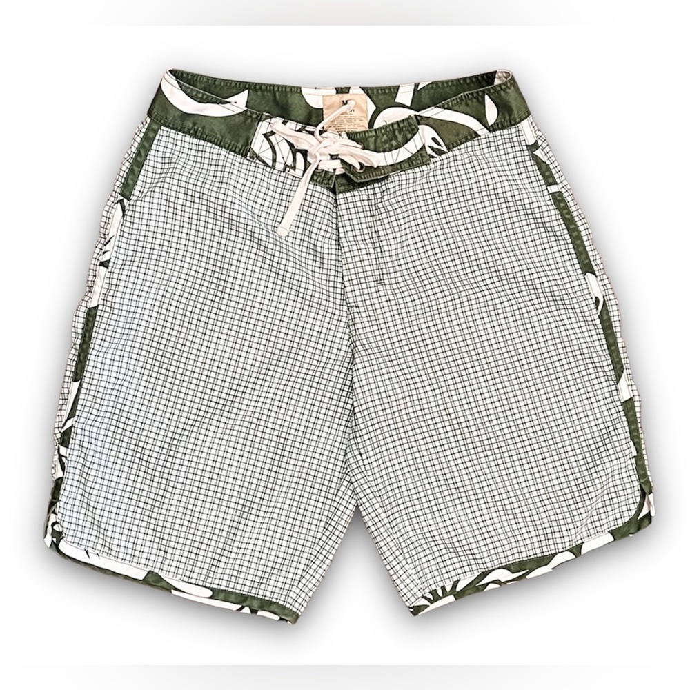 Old Navy Size M Men’s Vintage Green Blue Plaid Swim Trunks Shorts Hook Loop Tie